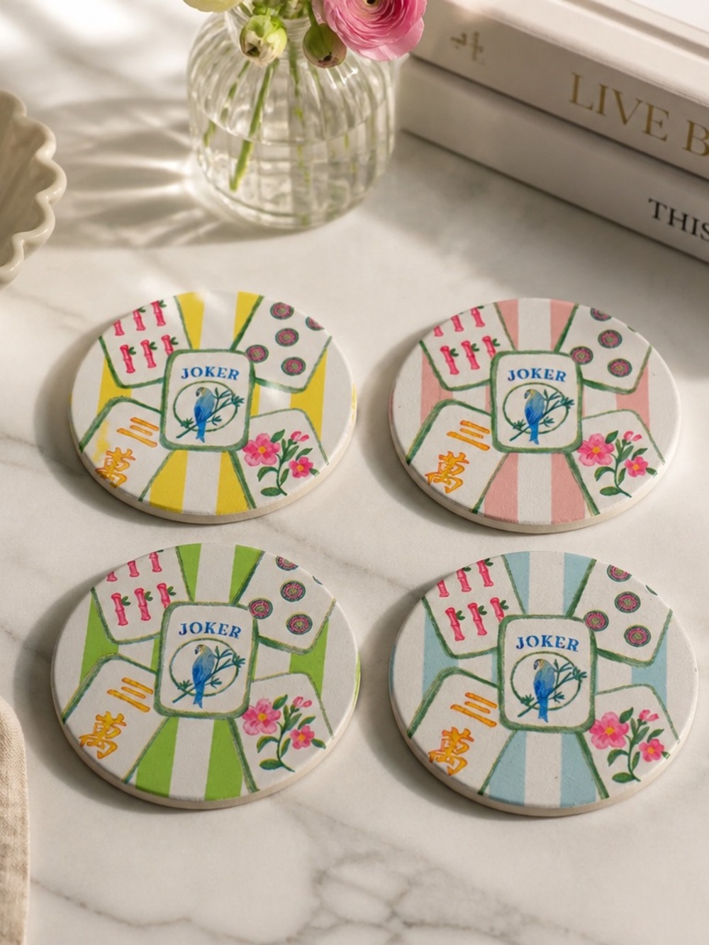 Set of 4 Decorative Joker Mahjong Coasters - Pastel Stripe Floral